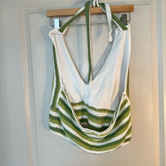 Hollister Green & White Crochet Open Knit Tie Halter Top, Size L/ XL - Picture 4 of 5